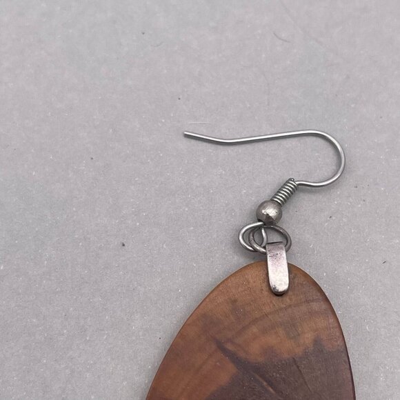 925 Sterling Silver Teardrop Dangling Wooden Earrings Hook Closure - Picture 2 of 3
